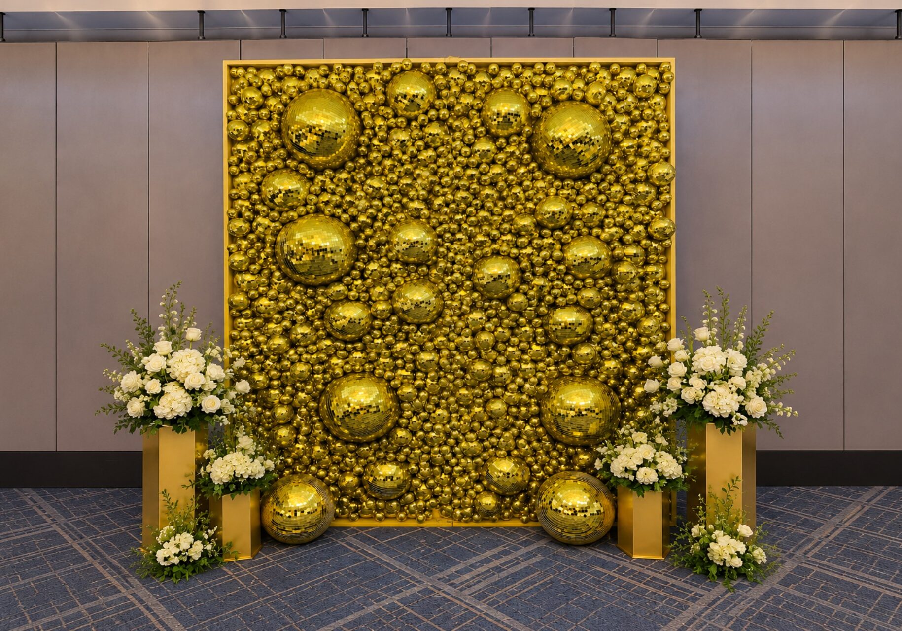 Luxurious Gold Disco Ball Floral Backdrop